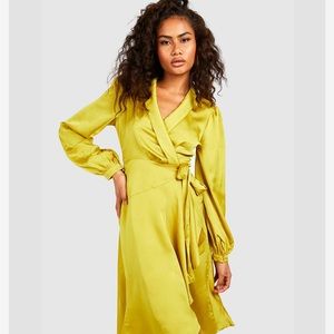 boohoo wrap over ruffle hem belted midi dress yellow